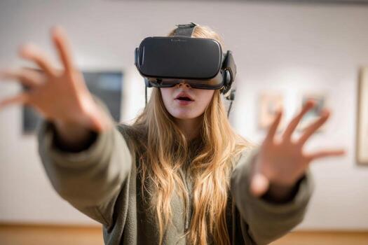 A young individual wearing a virtual reality headset reaches out with outstretched hands, fully immersed in a digital experience within an art gallery setting photo