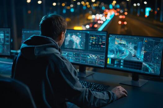 A person sits at a desk in a control center, observing multiple screens displaying real-time traffic data and a city skyline illuminated by night lights photo