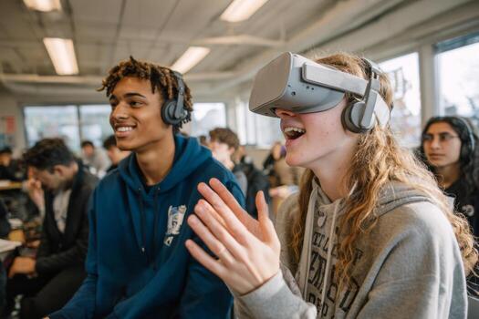 Group of students wears headphones and uses virtual reality headsets while participating in an interactive learning experience at school. Excitement and engagement are visible photo