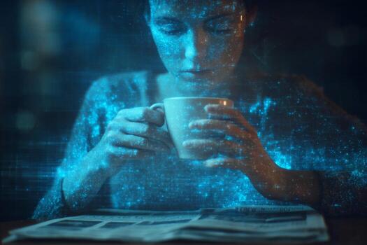 A young woman sits quietly in a warm, inviting space, holding a mug close. She gazes thoughtfully at a newspaper, surrounded by digital effects that create a serene atmosphere photo