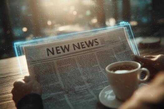Individual holds a newspaper titled new news while sipping coffee in a warm and inviting cafe. Sunlight streams in, creating a pleasant atmosphere for reading and relaxation photo