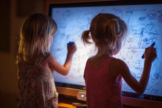 Two children focus on creating art on a digital screen, using colorful markers in a cozy indoor setting during the evening. Their playful expressions capture creativity photo