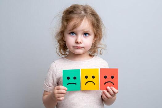 A young child stands against a plain background holding three cards, each featuring a different facial expression. The child appears thoughtful while displaying emotions photo