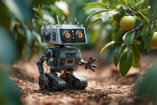 A small robot with expressive eyes moves through an orchard filled with green apple trees on a sunny day, analyzing the surrounding environment while navigating the soil photo