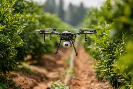 A drone hovers above vibrant green tea crops in a rural field. Farmers utilize advanced technology for monitoring and enhancing agricultural practices in a bright and sunny atmosphere photo