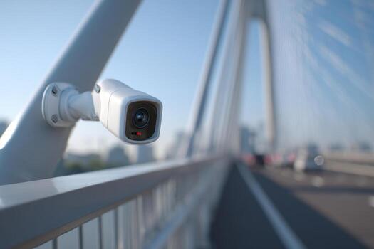 A security camera is installed on a modern bridge, monitoring the road below while capturing the vibrant city skyline during clear daylight photo