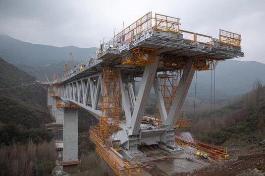 Workers are actively building a large bridge with steel framework and scaffolding over a deep valley, while clouds obscure the sun above the mountainous background photo
