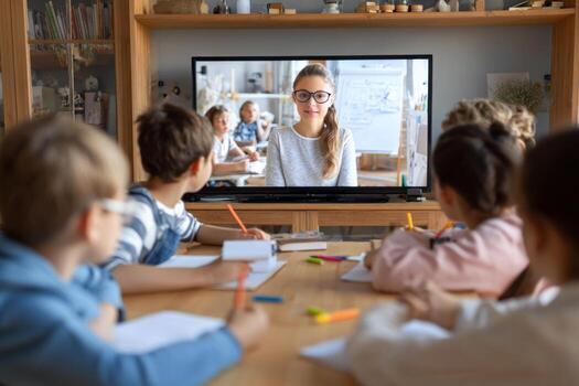 A group of young students attentively engages in an online learning session, watching a teacher presented on a screen. They take notes and follow instructions with various school supplies photo