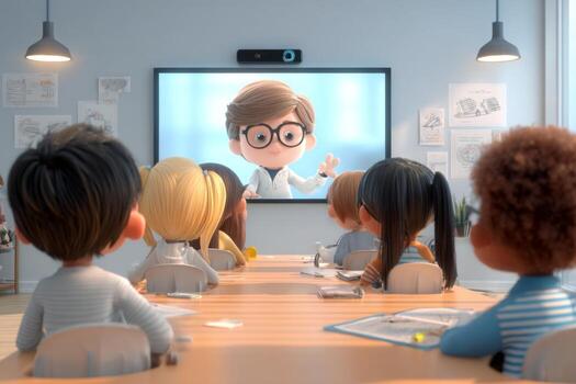 Group of animated students attentively participate in an online learning session led by a teacher on a large screen. The classroom is bright and modern, filled with materials and resources photo