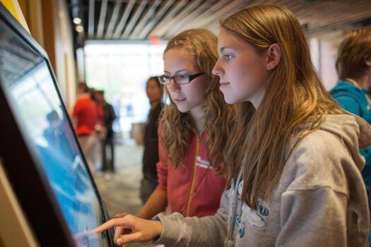 Two teenagers interact with a large touch screen display in an educational environment, showcasing curiosity and interest in technology. Brightly lit surroundings enhance the learning experience photo