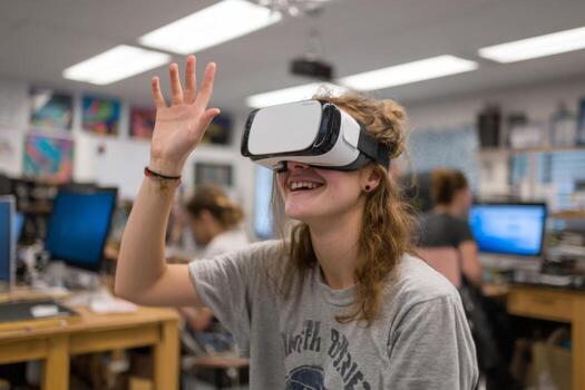 In a dynamic classroom, a student with a virtual reality headset smiles and waves while exploring digital environments, surrounded by classmates and technology photo