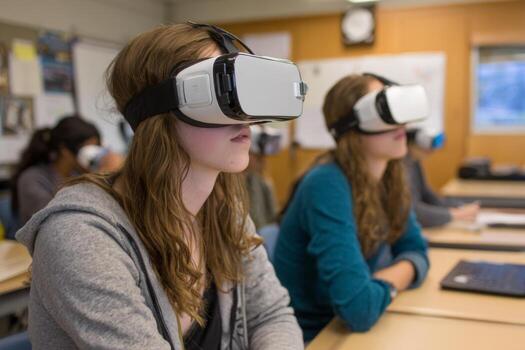Two students participate in a virtual reality experience while seated at desks in a classroom. They wear VR headsets and seem focused on their activity, immersed in an educational tool photo