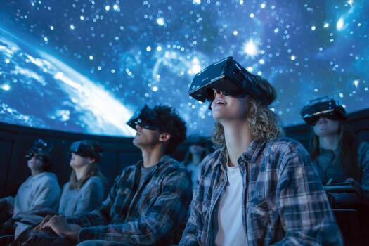 A group of individuals wearing virtual reality headsets sits in a darkened planetarium, captivated by cosmic visuals and the wonders of outer space projected above photo