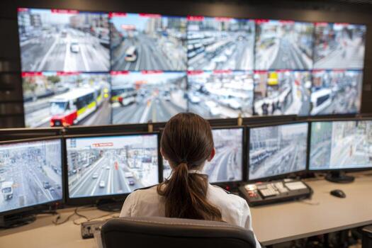 A surveillance operator observes various traffic scenes on multiple screens in a busy control center during daylight hours. Vehicles move along urban streets and highways photo