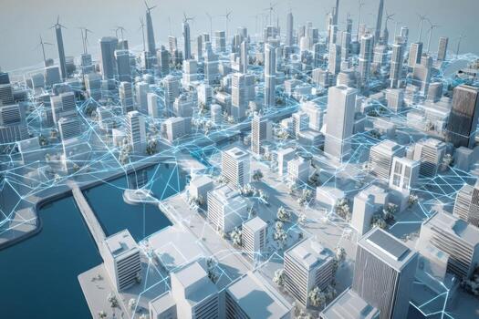 A futuristic city showcases advanced architecture with towering buildings, interconnected networks, and wind turbines generating energy. The skyline blends innovation and sustainability seamlessly photo