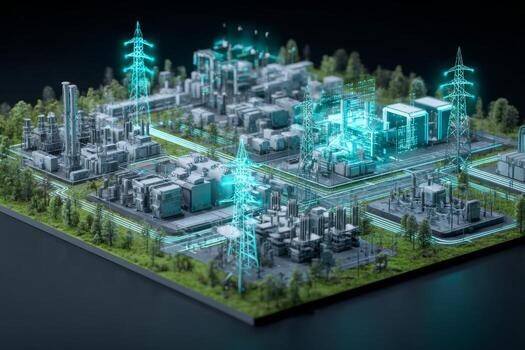 A detailed representation of an industrial complex highlighting advanced renewable energy systems and smart grid technology amid greenery and urban design elements, fostering sustainability photo