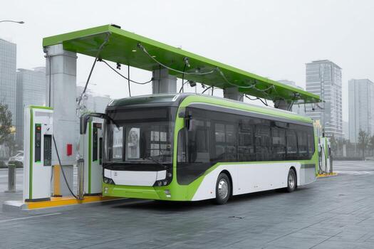 An electric bus connects to a charging station in a bustling city environment, showcasing modern transportation technology against a backdrop of skyscrapers and advanced infrastructure photo