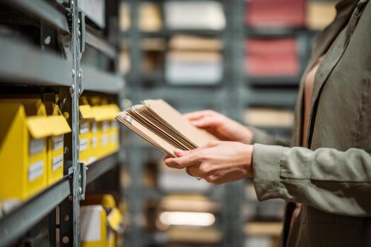 A person carefully handles a stack of files while browsing through neatly organized yellow folders in a storage facility. This activity takes place during daylight hours photo