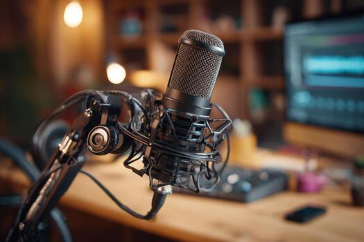 Close-up of a professional microphone attached to a stand in a recording studio. A computer and audio mixing equipment add to the creative environment, showcasing music production photo