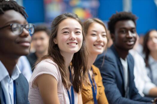 Young individuals are attentively listening and smiling while participating in an interactive workshop at an academic institution. The atmosphere is vibrant and encouraging photo