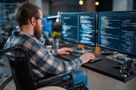 A person with a beard is focused on coding at a desk with two large monitors. They are in a contemporary office, seated in a wheelchair, showcasing a dedicated work environment photo