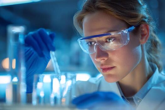 Scientist in a laboratory carefully adds a substance from a pipette into glass beakers while wearing protective eyewear and gloves under bright fluorescent lights photo