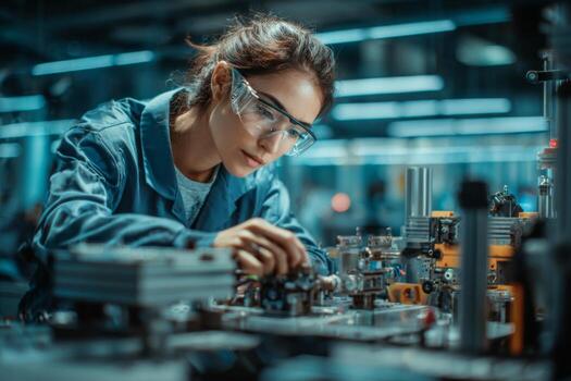 A skilled engineer is assembling mechanical parts with precision in a well-lit workshop filled with advanced machinery, showcasing dedication and expertise photo