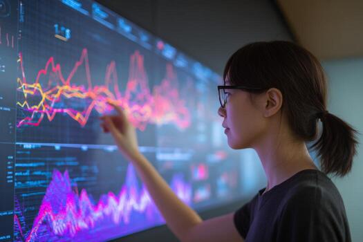 A young woman wearing glasses engages with a large digital screen, examining colorful graphs and data visualizations in a modern office. She focuses intently on her work photo