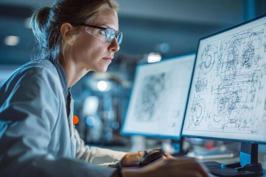 A focused engineer is seated at a modern workstation in a high-tech lab. She analyzes complex software designs displayed on dual monitors while concentrating on her tasks photo