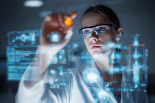 A scientist wearing glasses and a lab coat examines a holographic interface filled with various data patterns and graphs. The laboratory is dimly lit, enhancing the focus on the display photo
