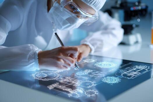 Individual in protective gear uses a stylus to develop digital blueprints of mechanical parts on a transparent touchscreen in a research laboratory photo
