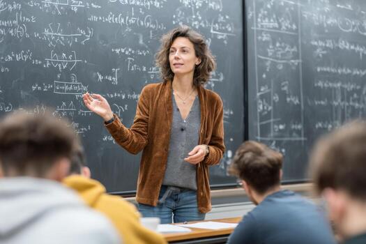 A math instructor with curly hair uses a blackboard filled with equations to teach a group of focused students. The atmosphere is academic and collaborative photo