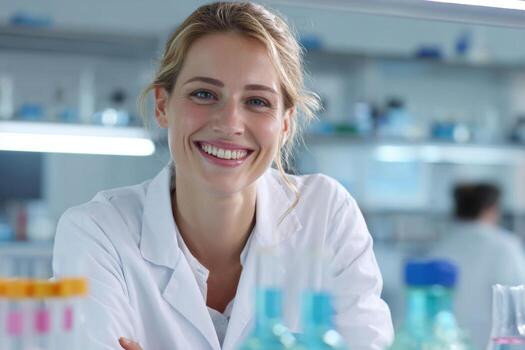 A woman in a lab coat smiles confidently while standing in a modern laboratory filled with colorful test tubes and advanced research equipment, showcasing her passion for science photo