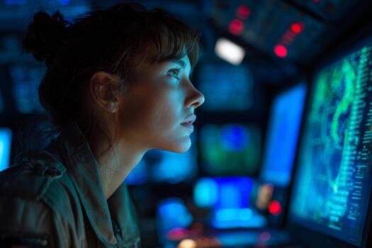 A young woman concentrates intently on multiple screens filled with data in a high-tech control room at night, highlighting her dedication and expertise in analysis photo