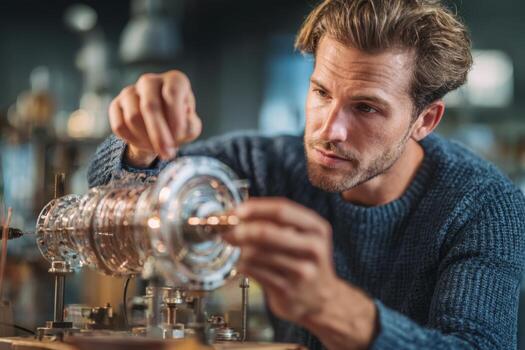 A skilled individual carefully adjusts a delicate component in a workshop environment where vintage machinery and tools are displayed. The focus is on precision and craftsmanship photo