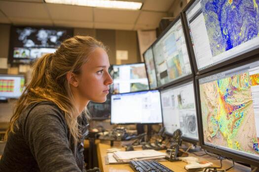 A dedicated meteorologist studies complex weather patterns and data on large computer monitors in a busy meteorology office photo