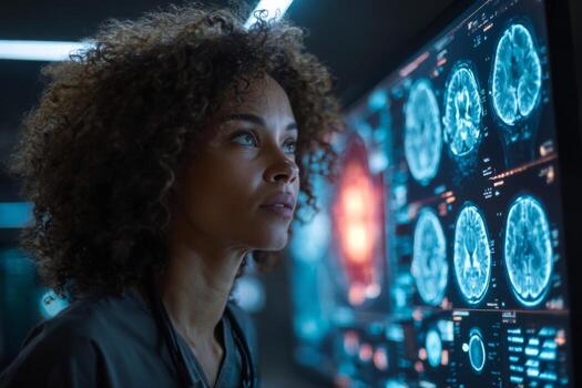 un dedicado médico profesional examina detallado cerebro escaneos en un alta tecnología laboratorio. el imagen muestra el profesional enfocado y comprometido en su trabajar, rodeado por avanzado equipo foto