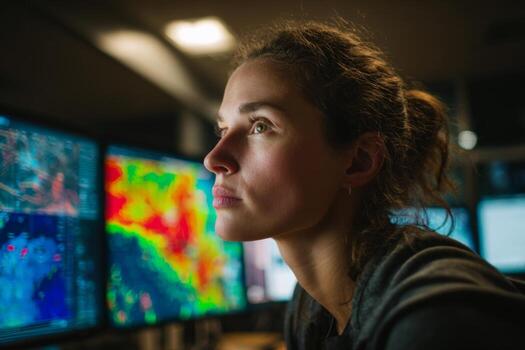 A young woman focuses intently on complex weather patterns displayed on several large screens in a control room. The atmosphere is dark, highlighting the vibrant colors of the data photo