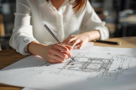 A woman is focused on creating detailed architectural drawings using a pen on a large sheet of paper. The workspace is filled with natural light, enhancing the creative atmosphere photo