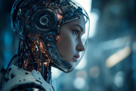 A humanoid robot stands in a high-tech setting, showcasing its complex internal mechanisms and futuristic design. The atmosphere is illuminated with soft blue lights, highlighting the details photo