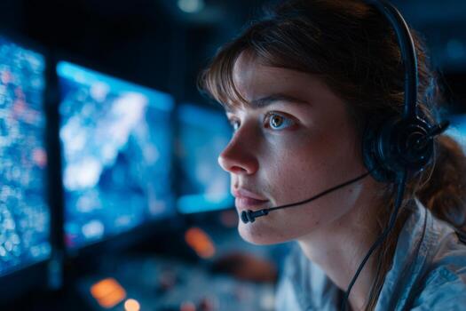 A dedicated professional intently observes multiple screens in a dimly lit control room, wearing a headset and concentrating on the displayed data, showcasing a high-tech atmosphere photo