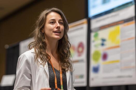 A scientist presents her research findings at a conference, engaging the audience with clear explanations while surrounded by visual aids that illustrate her work. This event fosters discussion photo