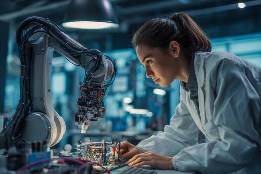 A focused engineer in a white lab coat operates a robotic arm while assembling intricate components in a high-tech laboratory. The ambient lighting enhances the atmosphere of innovation photo