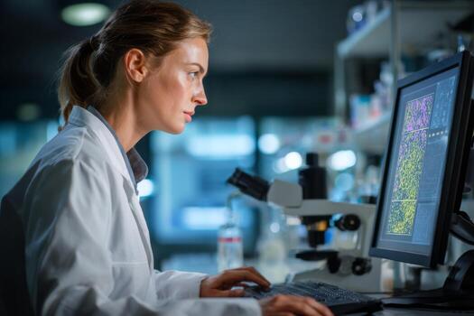 A scientist wearing a lab coat sits focused at a computer workstation in a laboratory. The room is dimly lit, creating an atmosphere of concentration while she analyzes data from a recent experiment photo