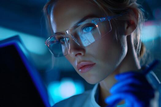 A scientist intently examines digital data on a monitor in a modern laboratory filled with advanced technology. Evening shadows create a dramatic atmosphere photo