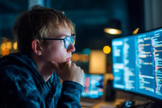 un joven individual es profundo en pensamiento mientras codificación a noche. el espacio de trabajo es iluminado por monitor pantallas mostrando líneas de código, creando un concentrado atmósfera de productividad foto