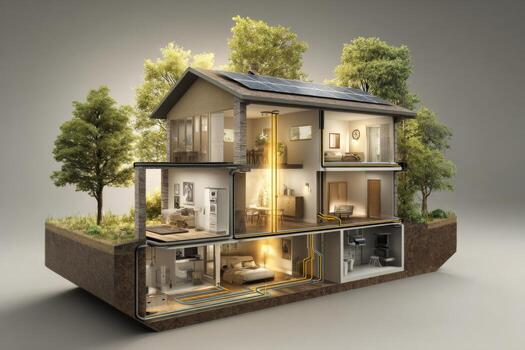 This modern house features a unique design with solar panels, energy-efficient systems, and eco-friendly materials. It illustrates a sustainable lifestyle with green technology integration photo