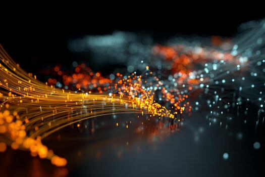 Vibrant waves of orange and blue lights move rhythmically across a dark background, creating a mesmerizing digital effect reminiscent of flowing energy photo