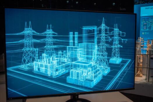 A digital representation of an industrial power plant shows various components like generators and power lines. This visualization highlights modern technology and design principles photo