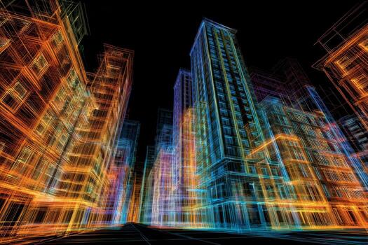 Skyscrapers are beautifully outlined in neon colors against a dark background, creating a dynamic urban landscape that captures a lively and futuristic atmosphere in digital art photo